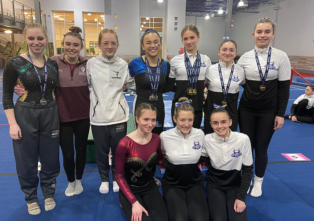 The Section 9 state gymnastics team will compete at the New York State Public High School Athletic Association championship meet on Saturday at Kenmore West High School. Pictured are: back row, from left, Emma Jaeger (FDR), Ava Ziros (Kingston), Julia Meyer (FDR), Marlee McCullough (Wallkill), Reilly Benson (Valley Central), Eleanor O’Neill (Valley Central) and Erin Sullivan (Valley Central); front row, from left, Claire Coiteux (New Paltz), Bailey Badendyck (Valley Central) and Leah Rieber (Valley Central).